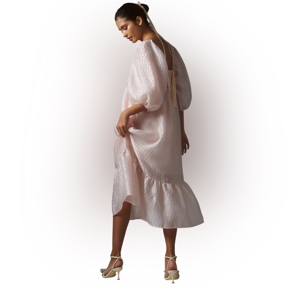 Anthropologie Textured Puff Sleeve Midi Dress Romantic Blush Pink Size L - Picture 11 of 12
